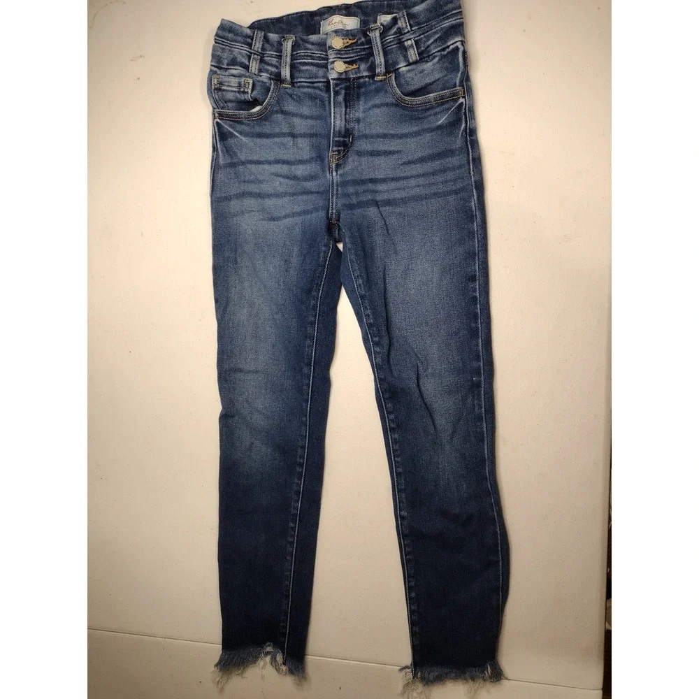Kan Can Kids Girls Size 14 High Rise Ankle Skinny Jeans Frayed Hem Blue Denim